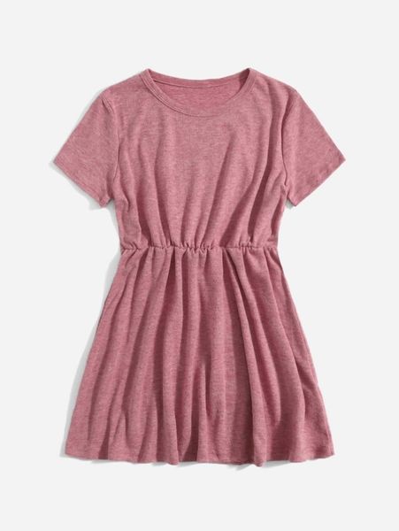 

girls 1pc round neck ruched dress she, Red;yellow