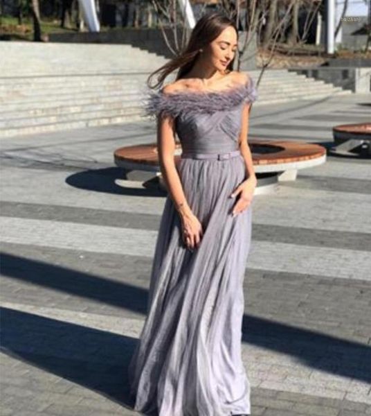 

2020 evening dress gray a-line long evening gowns with feathers one neck custom made formal gown special occasion charming1, White;black