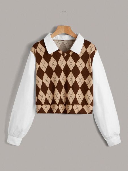 

argyle print contrast collar w21v#, White