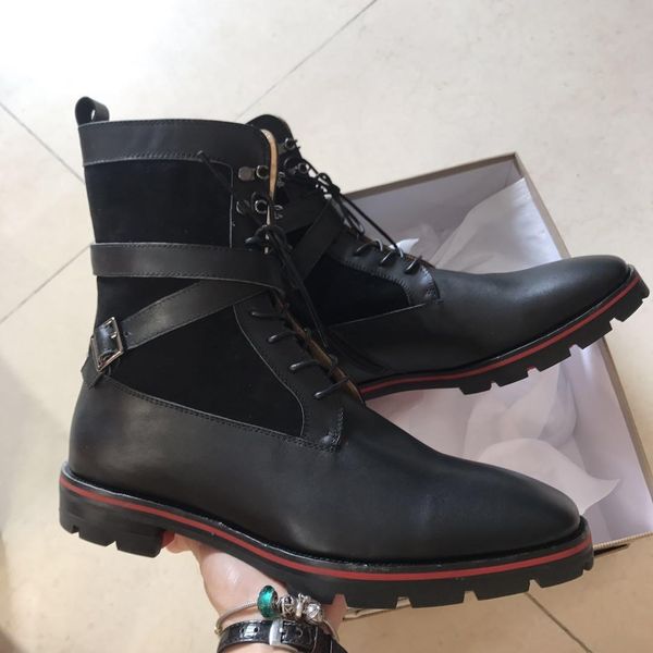 

superaaaquality men's high boots red bottom oxfords boot red sole spikes motorcycle boots with strap buckle red rubber sole shoes, Black