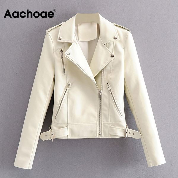 

aachoae women long sleeve jacket coat solid faux leather zipper motorcyle jackets turn down collar streetwear female 201030, Black