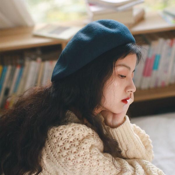 

berets autumn and winter korean version pure woolen women british style hats bud hat trend, Blue;gray