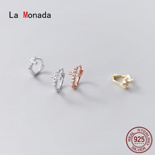 

hoop & huggie la monada cross earrings for women silver 925 fine jewelry sterling inlay, Golden;silver