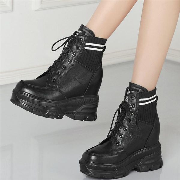 

knitting platform pumps women cow leather high heel ankle boots female high round toe fashion sneakers casual rivets shoes, Black
