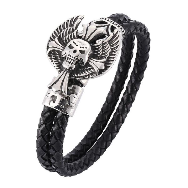 

charm bracelets retro cross skull men's double woven leather bracelet stainless steel magnetic buckle fashion simple 7-pw757, Golden;silver