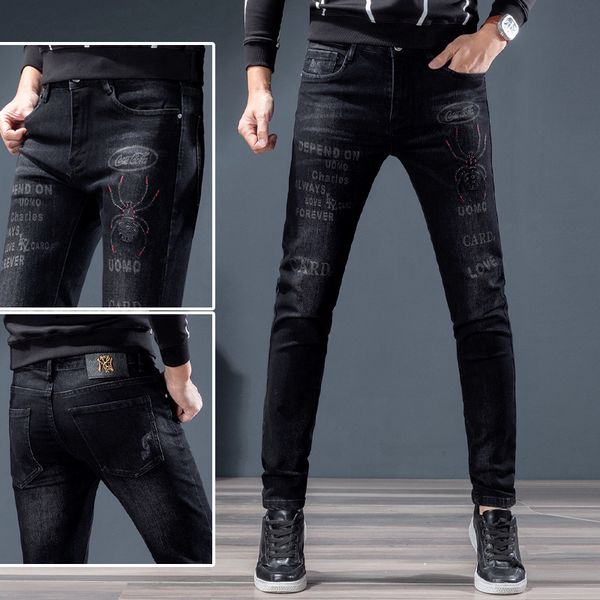 

black trend printed jeans fashion brand stretch slim pants men's wear, Blue