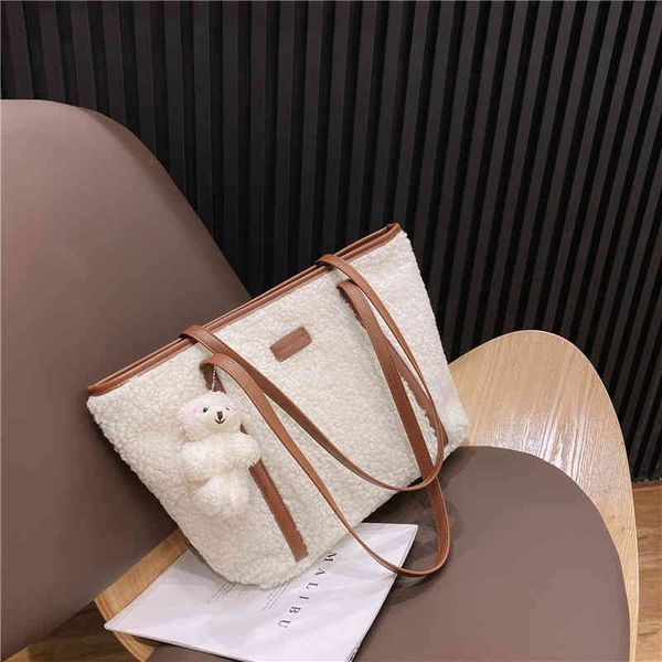 

handbags bags meimu 2021 trendy lamb wool large capacity autumn and winter versatile one shoulder women's simple plush tote bag, Black;red