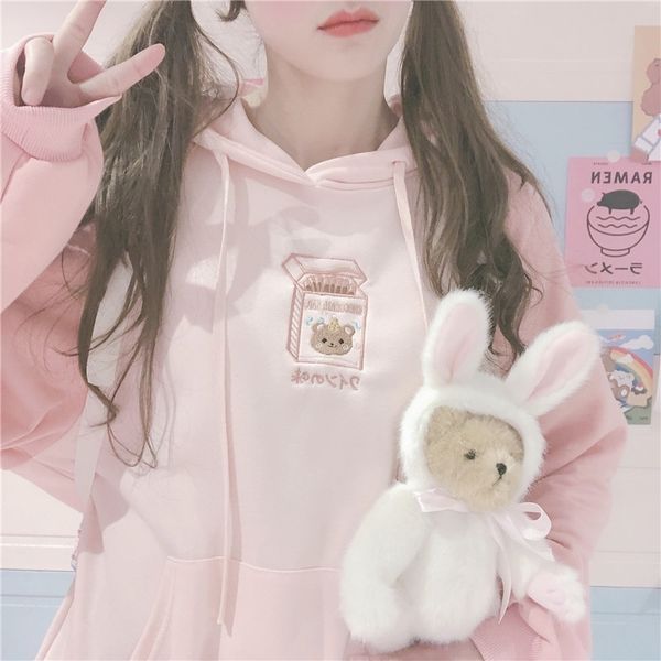 

japnaese soft girl cute cartoon embroidery patchwork hooded hoodies small fresh harajuku women's loose students sweatshirt 201203, Black