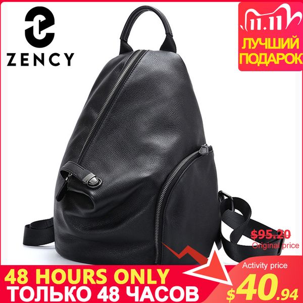 

zency 100% genuine leather daily casual backpack for women classic black student's schoolbag vintage lady knapsack high quality