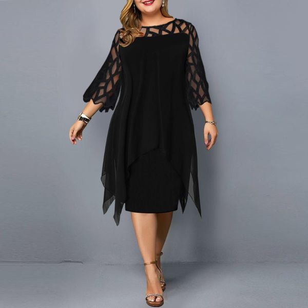 

women perspective mesh chiffon dress hollow out o-neck double plus size beach dress long sleeve casual sundress vestidos, Black;gray