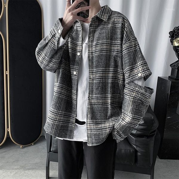 

spring plaid shirt men's fashion retro casual shirts mens wild loose long sleeve shirt jacket streeweart society men dress1, White;black