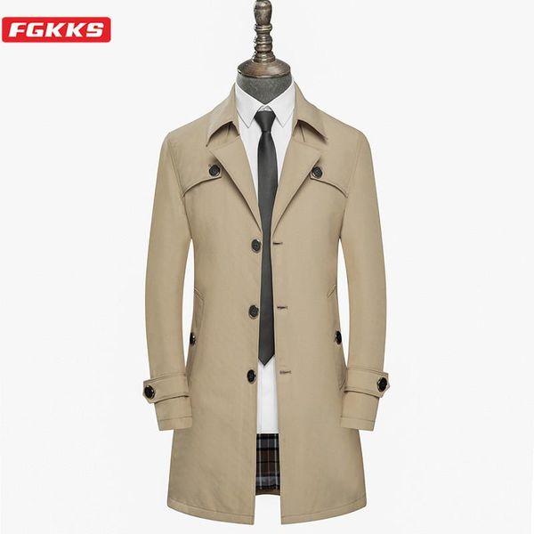 

fgkks men trench coats autumn solid color men korean version warm jacket single breasted formal long trench coat male, Tan;black
