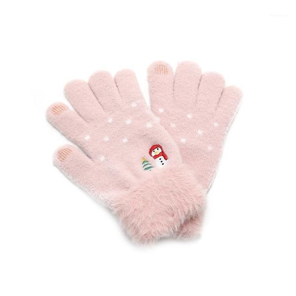 

five fingers gloves female knit winter warm knitted full finger touch screen mittens women thick cycling driving cute snowmanÂ·1, Blue;gray