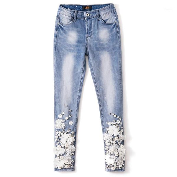 

lace flower pants skinny denim jeans woman pencil pants diamond beading patchwork trousers for women1, Blue