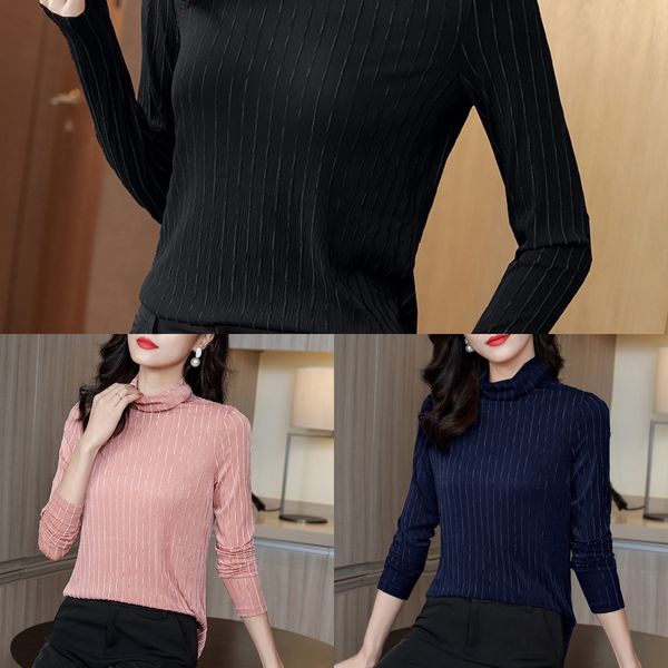 

2020 new t- autumn winter korean t-shirt vertical bar bottoming shirt with high collar and slim foreign style obaxo, White