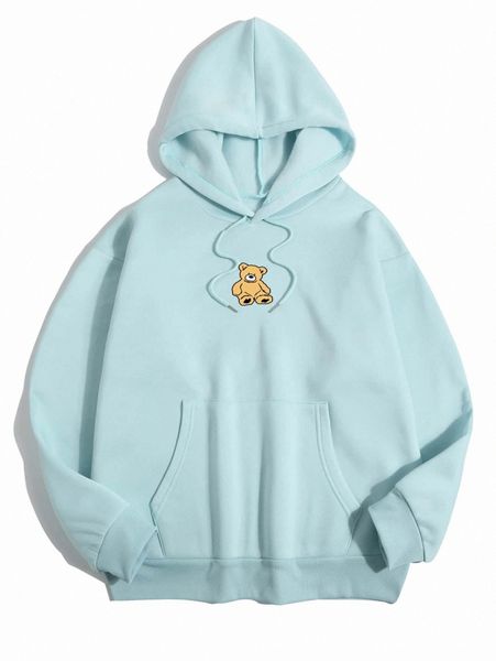 

bear print kangaroo pocket drawstring thermal hoodie c8cc#, White;black