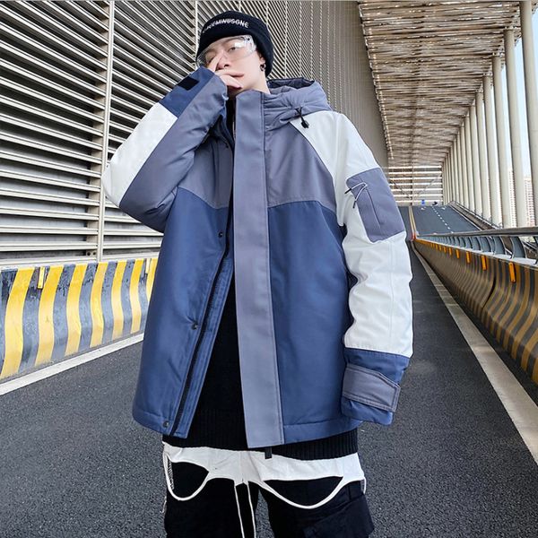 

trendy contrast color loose outwear winter men's embroidered jacket white duck down quilted jacket warm hooded coat jacket, Black