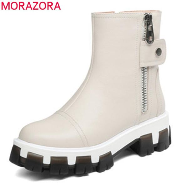 

boots morazora 2021 arrival genuine leather shoes women ankle round toe thick bottom punk woman autumn winter, Black