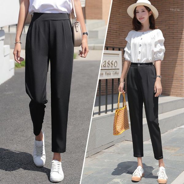 

suit pants women casual 2020 capri loose high waist straight radish pants1, Black;white