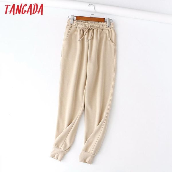 

tangada 2020 autumn winter women thick fleece 100% cotton long pants warm big strethy waist trousers 6l161, Black;white