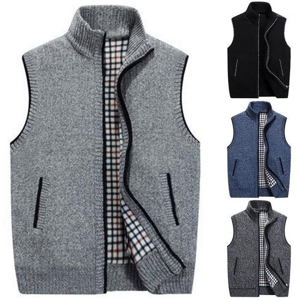 

2019 autumn sleeveless vests knitted sweater men casual solid plus size stand collar waistcoat zipper cardigan knitwear hombre1, Black;white