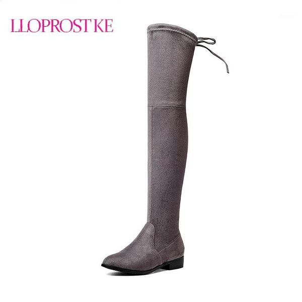 

lloprost ke high boots fashion women over knee boots faux suede black slim shoes winter round toe low heel botas big size lyz0631