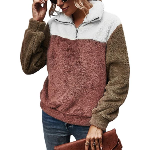 

women's hoodies & sweatshirts vicabo color patchwork teddy fluffy casual long sleeve zipper pullover sweatshirt fall 2021 women clothin, Black