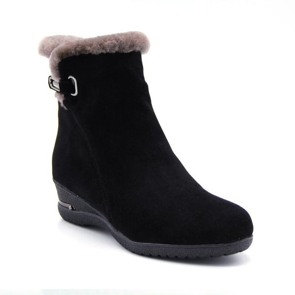 

2020 winter new warm wool fur ankle boots genuine wool full grain leather long plush snow boots women wedges shoes, Black