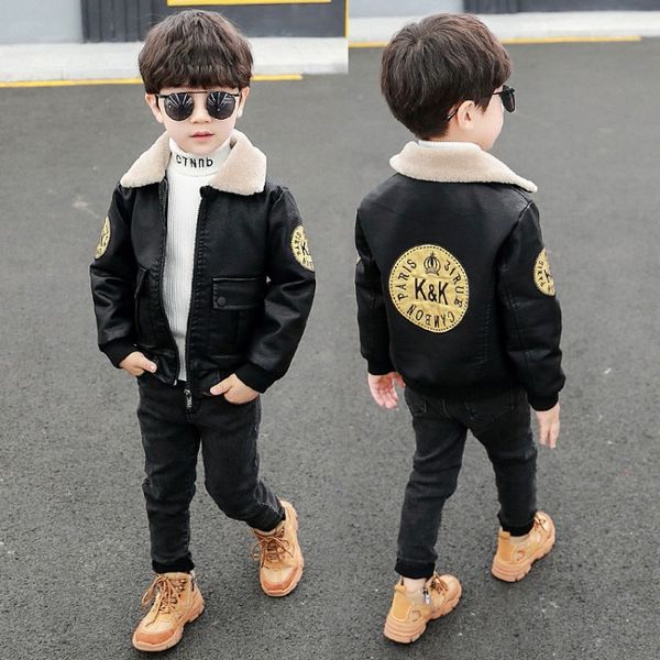 

boys' leather jackets 2020 autumn and winter baby foreign-style plus velvet leather jackets children's thick coats baby children&#, Blue;gray