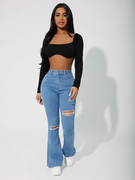 

petite ripped detail bootcut jeans o4lk#, Blue