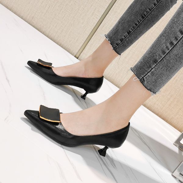 

soft leather high-heeled shoes women don't wear their feet 2020 new autumn slim korean version of versatile square button mid heel