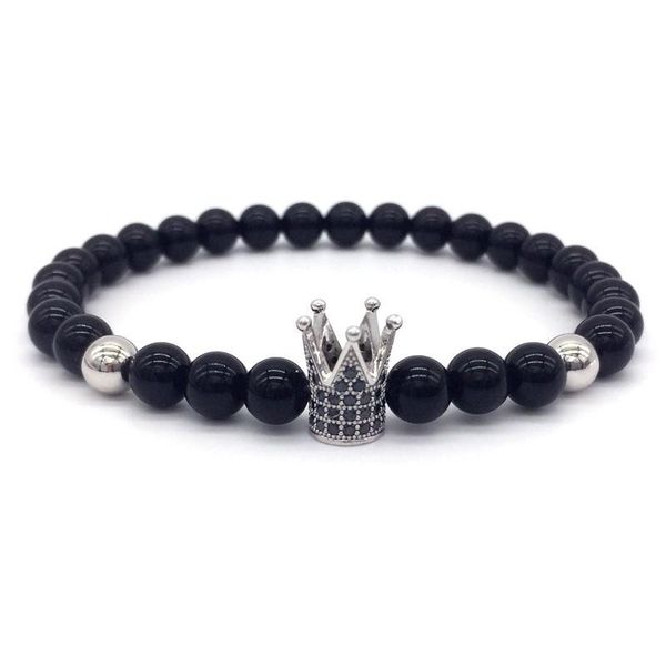 

2020 classic royal crown bracelets men women 6mm smooth stone beads charm bracelet for men jewelry gift, Golden;silver