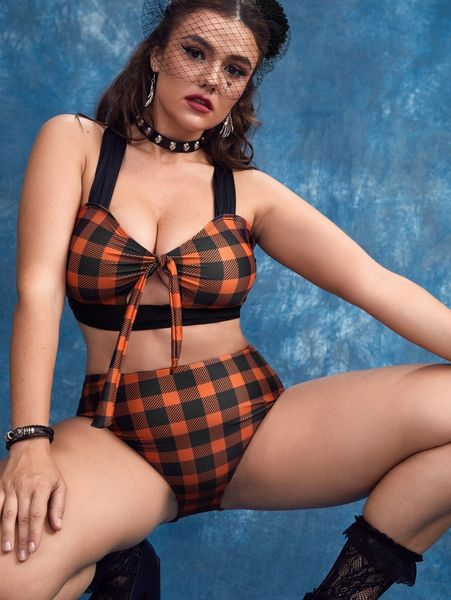 

plus plaid knot front bikini swimsuit m9j8#, Black