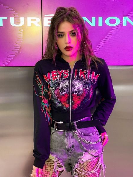 

meysi kim letter & skull print zipper hooded sweatshirt n7ke#, White;black