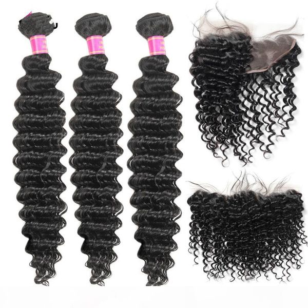 

deep wave bundles with frontal closure peruvian human hair bundles with frontal non remy 3 bundles with frontal 13x4 inch, Black;brown