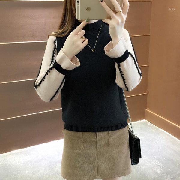 

new fake two knitted sweater women contrast color sweaters and pullovers autumn winter turtleneck long sleeve sweater 1, White;black