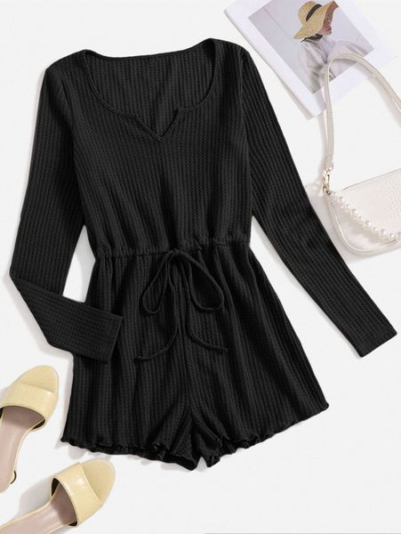 

waffle knit notched neck lettuce trim drawstring waist romper m0ou#, White