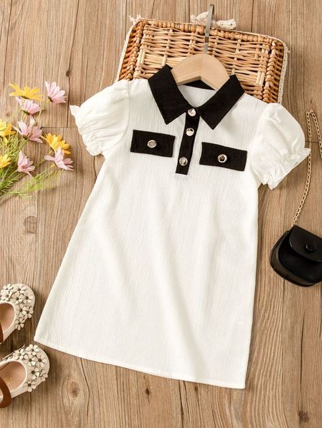 

toddler girls contrast polo neck puff sleeve dress she, Red;yellow