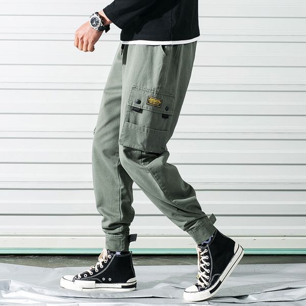 

overalls men's casual loose straight leg buckle feet sports hip-hop harem pants pocket elastic waist streetwear trousers q1219, Black