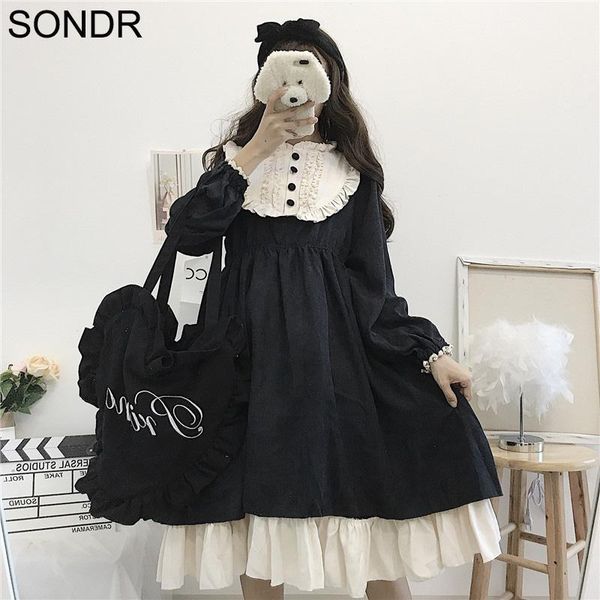 

kawaii japanese lolita patchwork dress women cute soft sister long sleeve black vintage loose op lolita dress autumn midi1, Black;gray