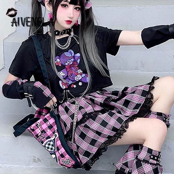 

japanese harajuku punk girls lace plaid high waist pleated sweet lolita mini skirt cosplay costume skirts street wear afc845 y1214, Black