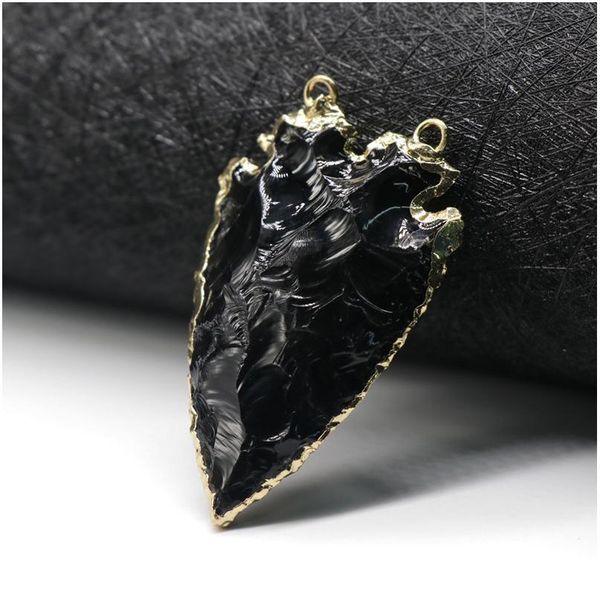 

natural black obsidian arrowhead pendant gold color raw stone energy luxury handmade natural stone pendants for necklac qyljul