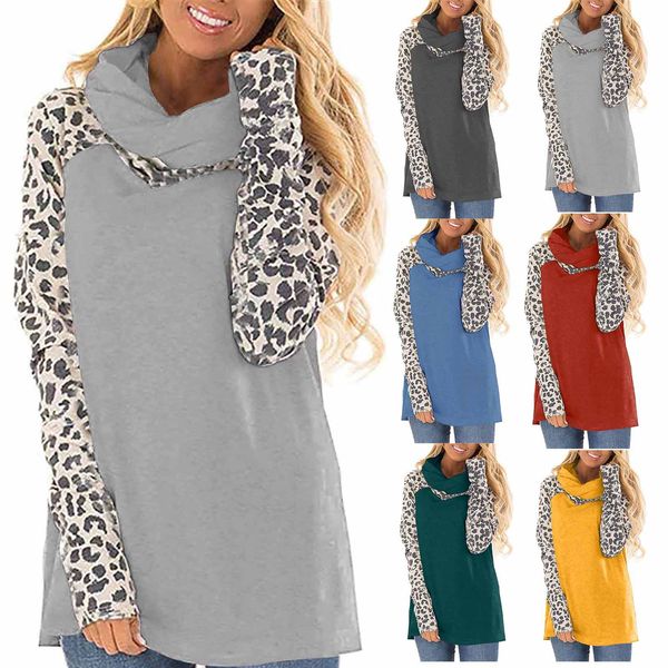 

women sweatshirts casual bow neck leopard patchwork ladies blouse pullover kg-741, Black
