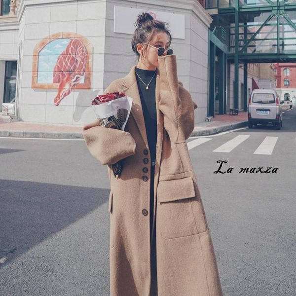 

elegant vintage women woolen coat 2020 winter single breasted pockets loose cashmere coat1, Black