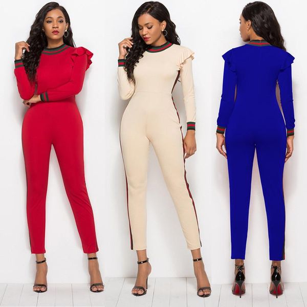 

autumn fashion casual women jumpsuits o-neck long sleeve ruffle stripe skinny workout style bodycon romper dropshopping, Black;white