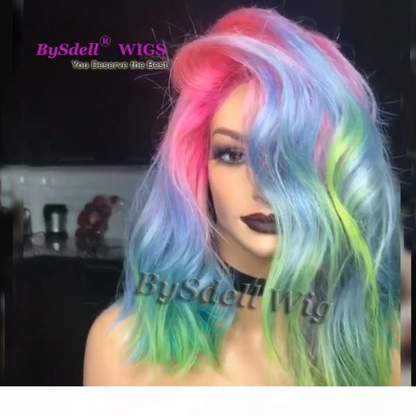 

mermaid pastel color front lace wig synthetic rainbow color hair lace front wigs red pink ombre blue green color loose curl lace wig, Black