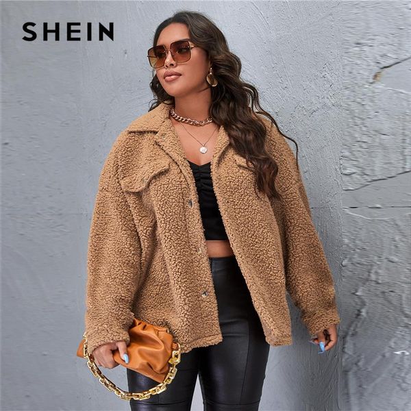 

shein plus size drop shoulder teddy coat women winter button front long sleeve plus solid outwear casual coats, Black;brown
