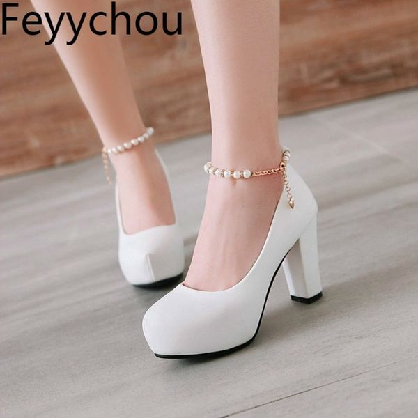 

women's pumps shoes super high heel pu pearl buckle platform 2018 spring autumn new fashion casual wedding party white pink t200525, Black