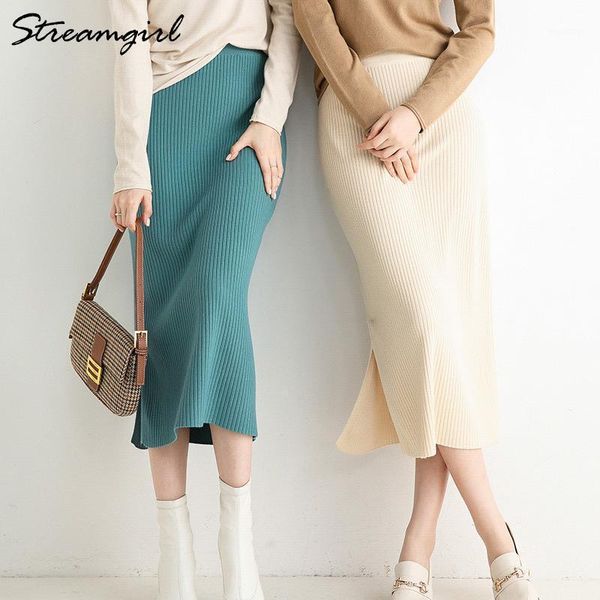 

stramgirl women knitted skirt long stretch winter skirts warm long skirt with slit knit elegant fall skirts for women maxi1, Black