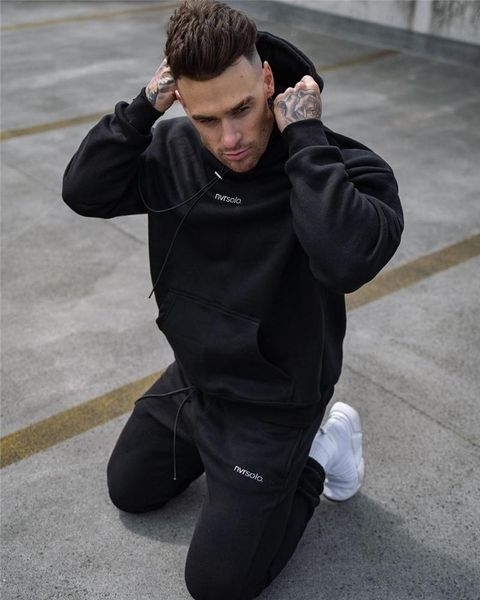 

2020 autumn new tracksuit fashion running men's sportswear two piece sets cotton thick hoodies+pants sporting suit male hoodies, Black;blue